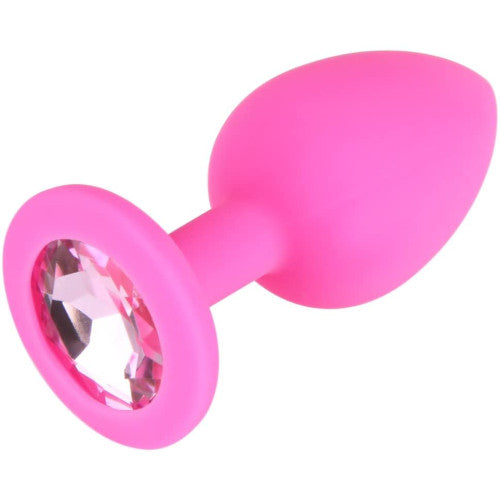 Small Pink Silicone Butt Plug with Crystal Clear Jewel