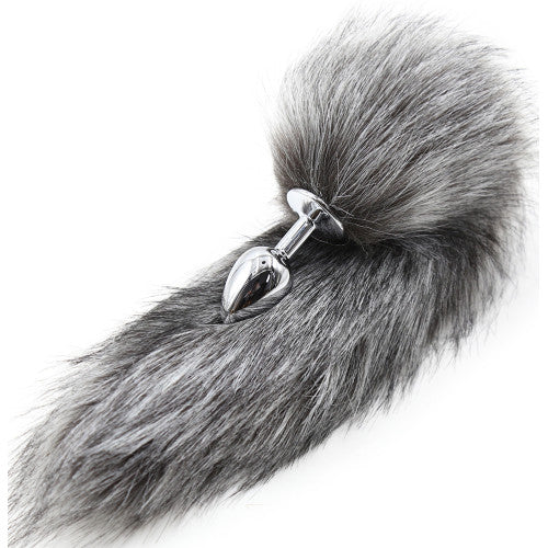 Grey faux fur Fox tail with metal butt plug MEDIUM