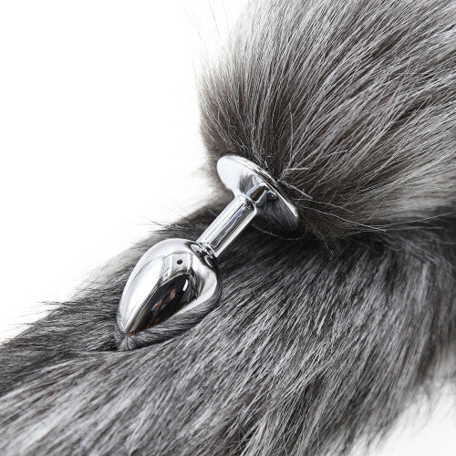 Grey faux fur Fox tail with metal butt plug MEDIUM