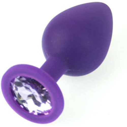 Small PURPLE silicone butt plug with CLEAR Jewel