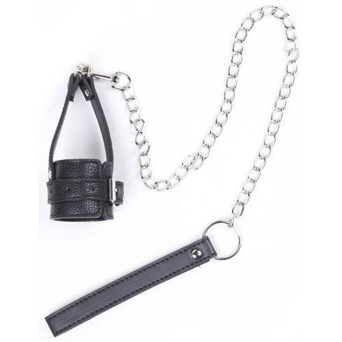 Leather cock ring with metal chain leash