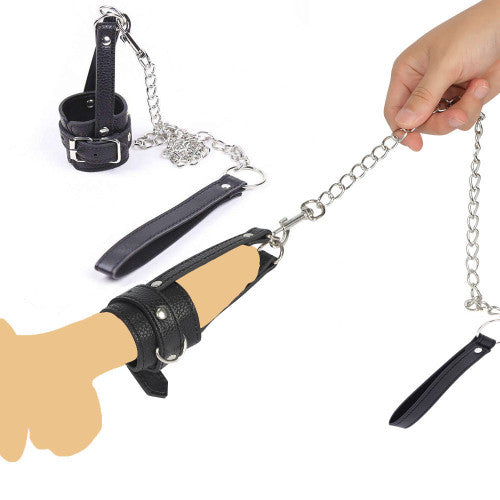 Leather cock ring with metal chain leash