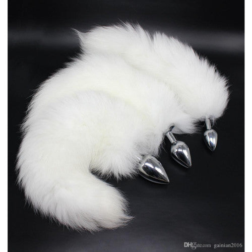 White Fox Tail Metal Butt Plug Medium