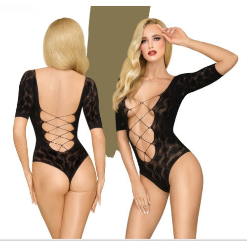 Salute Me Black Teddy With Rhombus Pattern