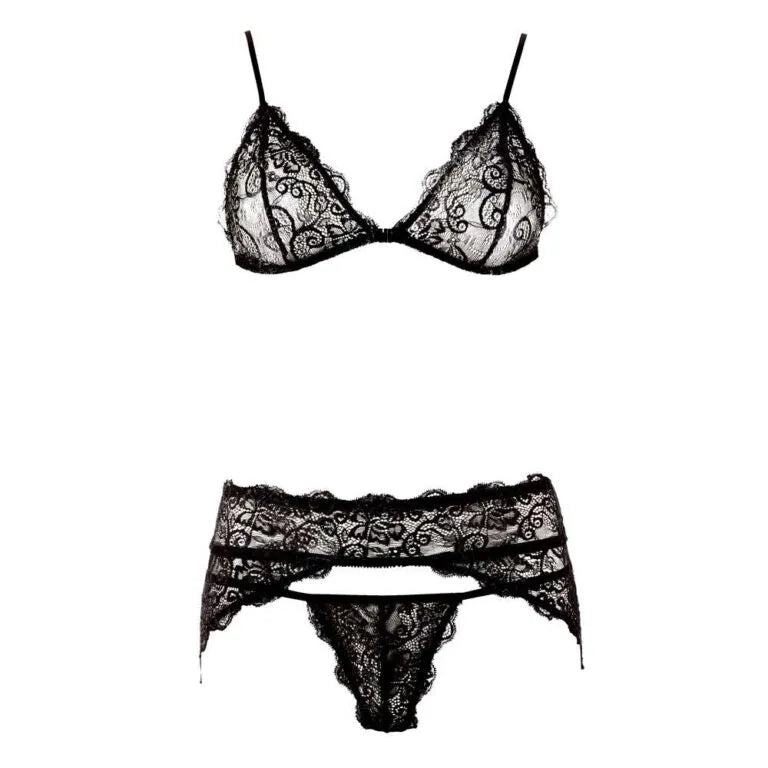 Black Lace Bra Set With Garter Belt